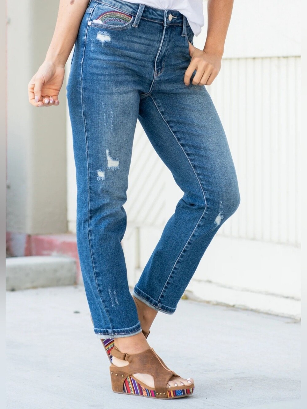 JUDY BLUE Rainbow Embroidered High Rise Crop Jeans Women's 5/27 Strsight Leg